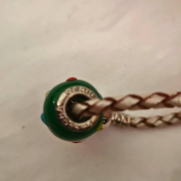 Pandora Charm With Leather Braid  Silver 925  Pink & Green Bracelet - Picture 5 of 5